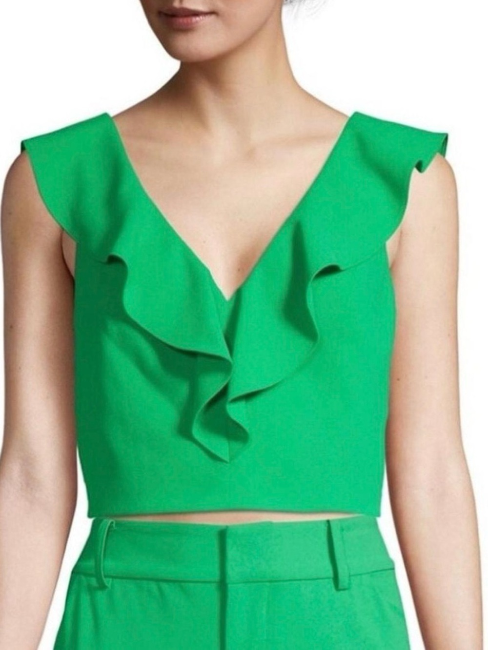Alice + Olivia Emerald Green Ruffle V-Neck Top